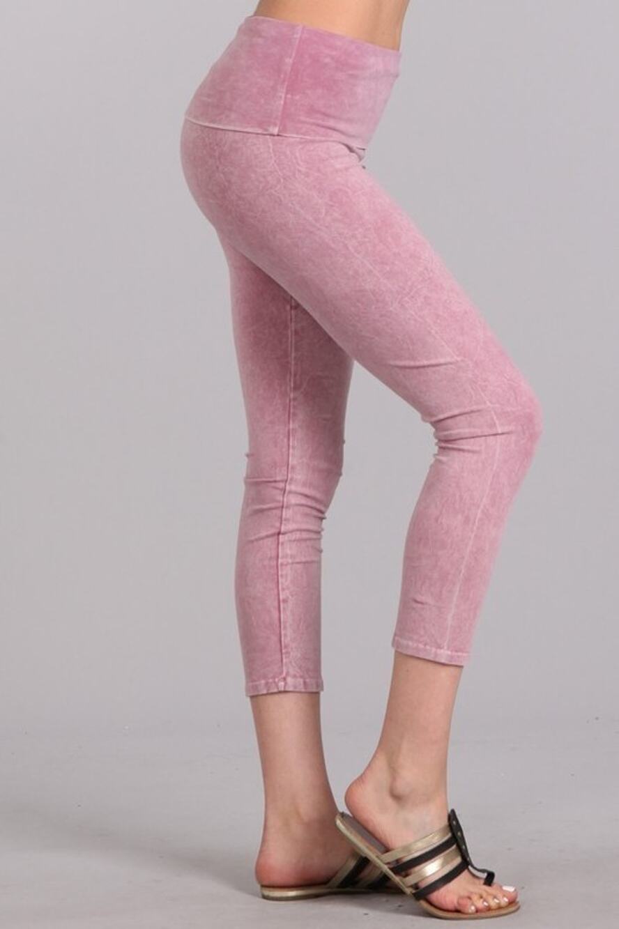 Chatoyant Mineral Wash Fold Over Waist Capris Rose Pink Small
